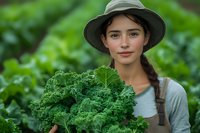 Young woman farmer holding fresh kale in vegetable garden wearing hat and apron. Organic farming, sustainable agriculture, and healthy food production concept for agricultural and wellness content.
