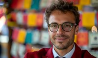 Smiling mixed race businessman wearing glasses and red blazer against colorful blurred background, expressing confidence and approachability in professional setting.