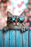 Cool cat wearing sunglasses peeks over blue wooden fence with pink heart bokeh background, creating whimsical summer mood for social media and greeting cards.