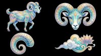 Aries zodiac ram set with ornate pastel patterns, isolated on transparent background, ready for stickers, sublimation, t-shirt design, and print on demand clipart use.