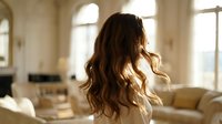 Young Caucasian woman with long wavy brown hair stands in a bright luxury interior, back to camera, soft light highlighting her flowing locks.
