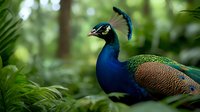 Majestic peacock with vibrant blue and green plumage resting among lush tropical foliage. Natural wildlife photography showcases iridescent feathers and distinctive crown.