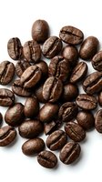 Roasted coffee beans scattered on white background, displaying rich brown color and detailed texture. Suitable for beverage packaging, café menus, coffee product marketing, and culinary publications.