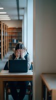 Stressed young Caucasian businessman holding head in hands while working on laptop in modern office library, expressing work pressure and mental fatigue.