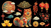 Chinese New Year clipart set with ornate dog, lanterns, gold ingots, coins, firecrackers, cherry blossoms, and lucky knots, isolated on transparent background for print on demand and stickers.