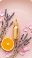 Gold dropper bottle with lavender sprigs, orange slice and rose petals on pink background, natural skincare flat lay concept.