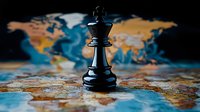 Black chess queen piece standing on world map with dramatic lighting, symbolizing global strategy, leadership and international business competition.