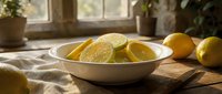 Fresh sliced lemons in a white ceramic bowl on a rustic wooden table by a sunlit window, warm natural light, healthy citrus concept.