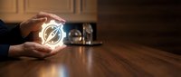 Hands holding glowing lightning bolt symbol on wooden table, representing energy efficiency, power innovation, and sustainable electricity solutions for business concepts.