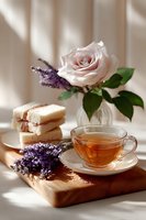 Delicate morning scene with cup of tea, pink rose in vase, fresh lavender sprigs and sandwich on wooden board, soft window light casting shadows creates cozy atmosphere.