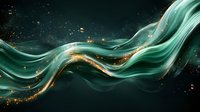 Luxurious emerald green and gold flowing waves create dynamic motion against dark background with glowing particles and light effects for luxury designs.