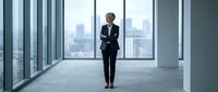 Mature male professional in formal business suit standing in modern empty office space with floor-to-ceiling windows overlooking city skyline, suitable for corporate leadership and business concepts.