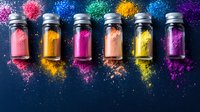 Vibrant colorful powder pigments in glass jars with scattered powder on dark background, featuring pink, orange, magenta, coral, yellow and purple hues for cosmetics or art.