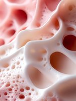 Microscopic view of bone tissue structure showing porous trabecular architecture in soft pink and white tones, highlighting natural cellular patterns and cavities.