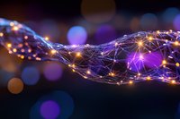 Glowing network connections with orange and purple light effects on dark background, abstract technology concept visualization for digital transformation.