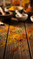 Colorful spices scattered on rustic wooden table with mortar and pestle bowls in background creating aromatic culinary cooking scene for kitchen design.