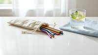 Colorful reusable metal drinking straws with cleaning brush in cotton bag next to refreshing water glass with mint on marble countertop for eco-friendly lifestyle.