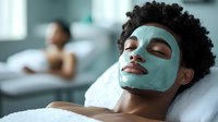 Young African American woman relaxing with green facial mask treatment at luxury spa wellness center. Skincare and beauty procedures for healthy glowing skin.