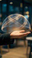 Hand holding glowing transparent globe with digital grid lines against blurred office background, representing global connectivity, technology innovation, and business solutions.