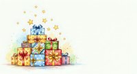 Stack of colorful wrapped gift boxes with gold ribbons and bows surrounded by golden stars on white background, isolated for holiday greeting cards and festive designs.
