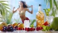 Fresh summer cocktail with citrus, berries and ice cubes on light background with tropical leaves and blurred female silhouette in bikini enjoying beach atmosphere.