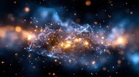 Cosmic nebula with glowing golden and blue gas clouds in deep space, illuminated by bright stars creating magical celestial atmosphere in universe.
