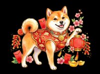 Shiba Inu dog wearing traditional red festive clothing with gold accents, surrounded by decorative elements including flowers, lanterns, and coins, isolated on transparent background for t-shirt design, stickers, and print-on-demand products.