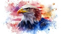 Majestic bald eagle head portrait with watercolor splash effect background in red, white and blue patriotic colors. American symbol artwork on white.