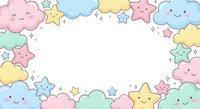 Cute kawaii clouds and stars frame border in pastel colors with smiling faces on white background for baby nursery decor and children designs.