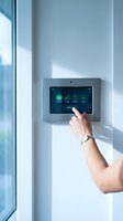 Hand touching smart home control panel on white wall with digital interface displaying automation icons for modern residential technology management.