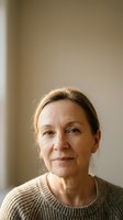 Mature woman with light brown hair pulled back, fair complexion, wearing a beige knit sweater, posed against neutral beige wall with soft natural lighting for portrait and lifestyle use.
