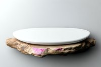 Empty white ceramic plate on rustic driftwood serving board against neutral gray background, minimalist food photography setup for restaurant menu design.