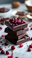 Dark chocolate pieces stacked with fresh cranberries on top, creating luxurious dessert composition on marble background. Macro food photography for confectionery advertising.