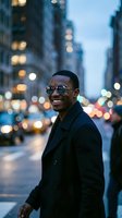 Young African American man wearing sunglasses and black coat smiling on urban street at dusk with blurred city lights and skyscrapers in background for lifestyle and business use.