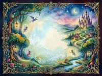 Enchanted fairy tale landscape with magical castle, winding path through mystical forest, ornate golden frame border for fantasy storytelling designs.