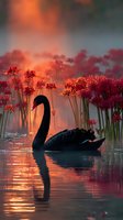 Elegant black swan gliding through misty pond at sunset, surrounded by vibrant red spider lilies creating a magical atmosphere.
