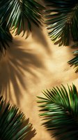 Palm leaves frame casting shadows on beige wall background with dramatic lighting and copy space for summer tropical design elements.