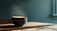 Steaming hot coffee in dark ceramic cup on wooden table with morning sunlight creating atmospheric mood against teal wall background.