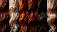 Diverse hair color palette with wavy strands in auburn, blonde, copper, mahogany, black, and honey tones arranged in vertical panels.
