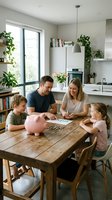 Happy Caucasian family of four counting coins from pink piggy bank at wooden kitchen table, teaching children about money and savings at home.