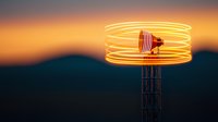 Glowing light trails around industrial tower at sunset, long exposure photography creates circular motion effect against orange and purple sky.