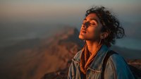 Young woman with curly hair enjoying peaceful moment during golden hour sunset in mountainous landscape, eyes closed in meditation and tranquility.