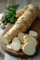 Fresh horseradish root sliced on wooden cutting board with parsley garnish for culinary cooking and natural health remedies in rustic kitchen setting.