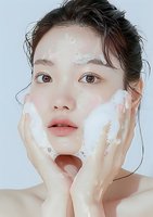 Young Asian woman with natural makeup applying white facial cleanser foam, demonstrating skincare routine against light background. Closeup beauty portrait.