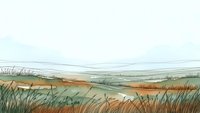 Peaceful countryside landscape with rolling hills and wild grass fields in soft watercolor style for nature backgrounds and rural design projects.