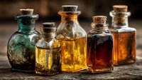 Vintage glass bottles with cork stoppers containing colorful liquids on rustic wooden surface. Antique apothecary jars for herbal medicine and alchemy concepts.