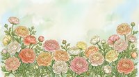 Watercolor ranunculus flowers border with soft pastel blooms in pink, peach and cream tones on textured paper background for spring wedding invitations.