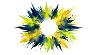 Vibrant watercolor paint splatter burst in yellow, lime green and navy blue radiating from white center. Isolated on transparent background, ready for design projects.