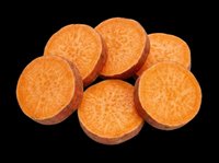 Sliced sweet potato rounds isolated on transparent background, ready for culinary design, recipe graphics, food packaging, print-on-demand products, and digital cooking content.
