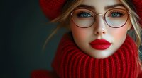 Young Caucasian woman with bright blue eyes and red lipstick wearing round glasses and cozy red knit turtleneck sweater against dark background, fashion portrait closeup.